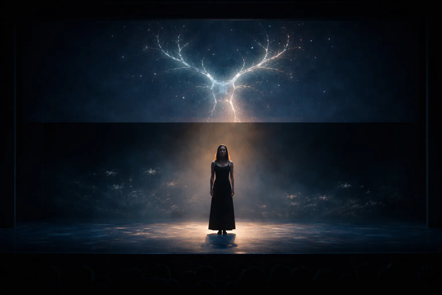 Stage concept showing two figures beneath a starry sky in a moonlit desert landscape representing the Flower World