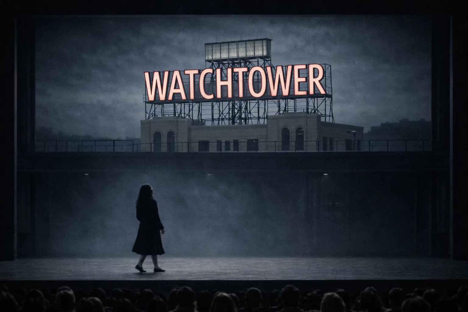 Concept image of a watchtower sign looming over a dimly lit stage environment, representing surveillance and containment