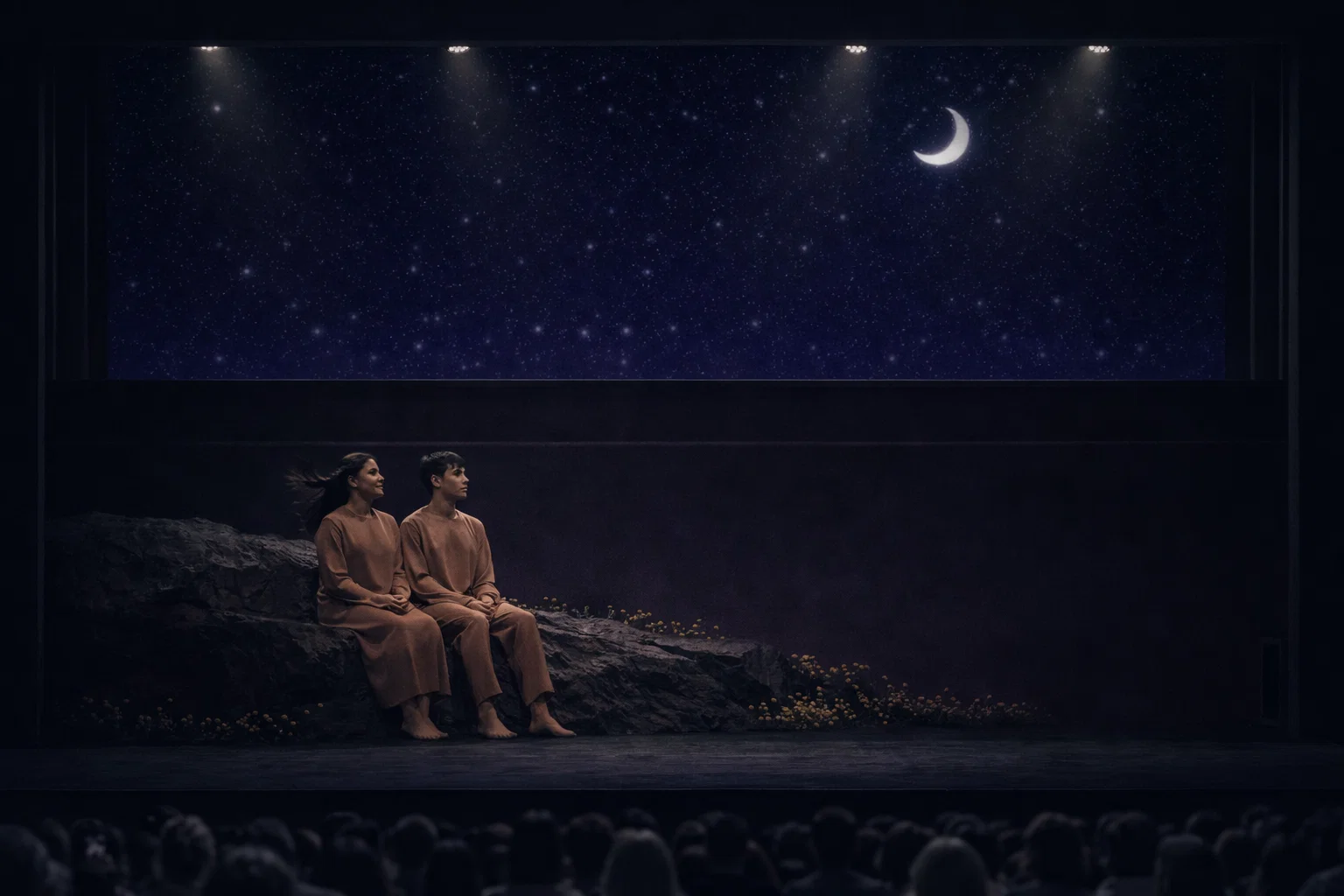 Stage concept showing Atlas and Sylvia in a moonlit desert landscape representing the Flower World