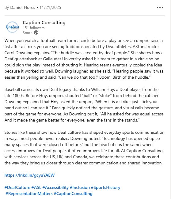 LinkedIn post by Daniel Flores for Caption Consulting about Deaf athletes and the origin of the football huddle