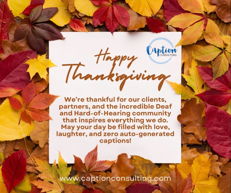 Caption Consulting Thanksgiving graphic created in Canva — Happy Thanksgiving message with autumn leaf imagery